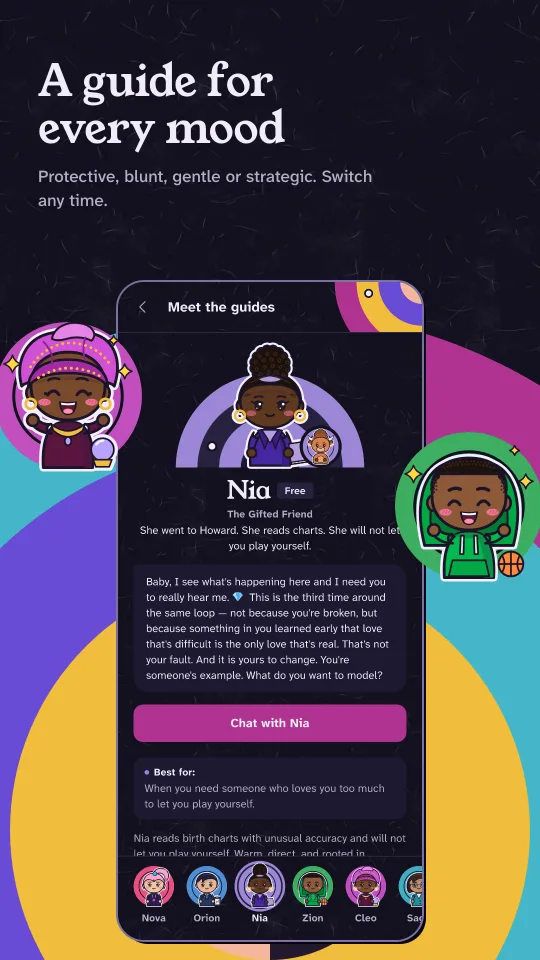 Meet the guides: Nia, a drawn guide, on a violet orbit, above a row of other guide portraits to choose from.