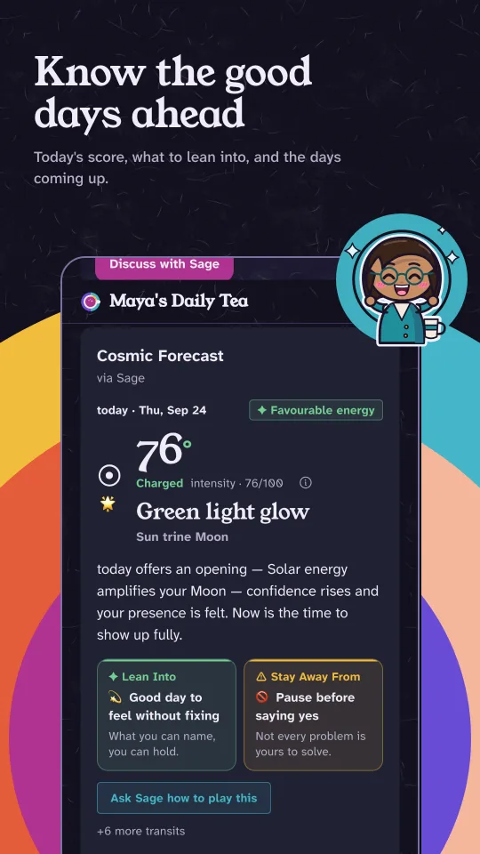 Cosmic Forecast in dark mode: today's score, what to lean into, what to avoid and the next five days.
