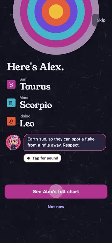 A screen reading Here's Alex: Sun Taurus, Moon Scorpio, Rising Leo, with a line from Nova.