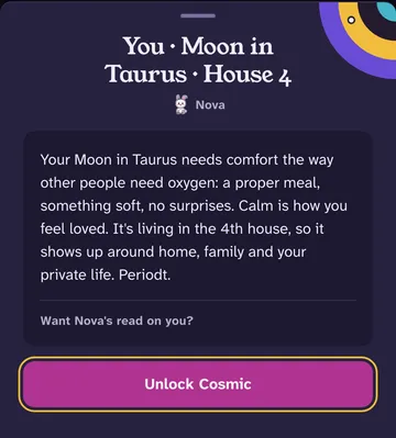 A sheet reading You, Moon in Taurus, House 4, with a written reading from Nova.