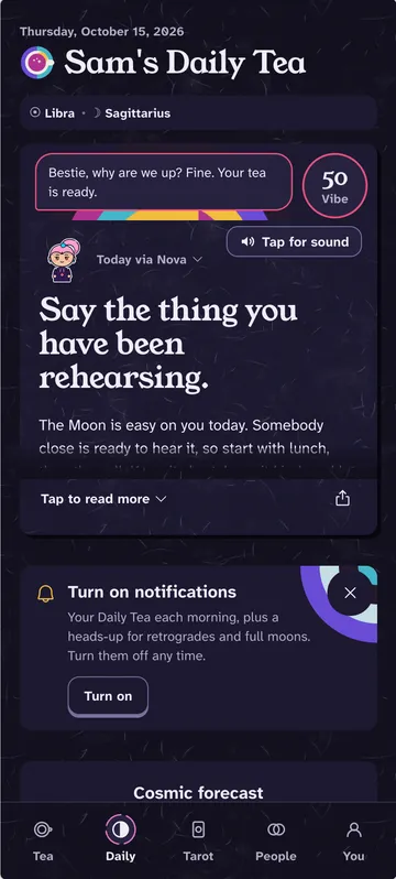 Daily Tea with a Tap for sound button beside Nova's line.
