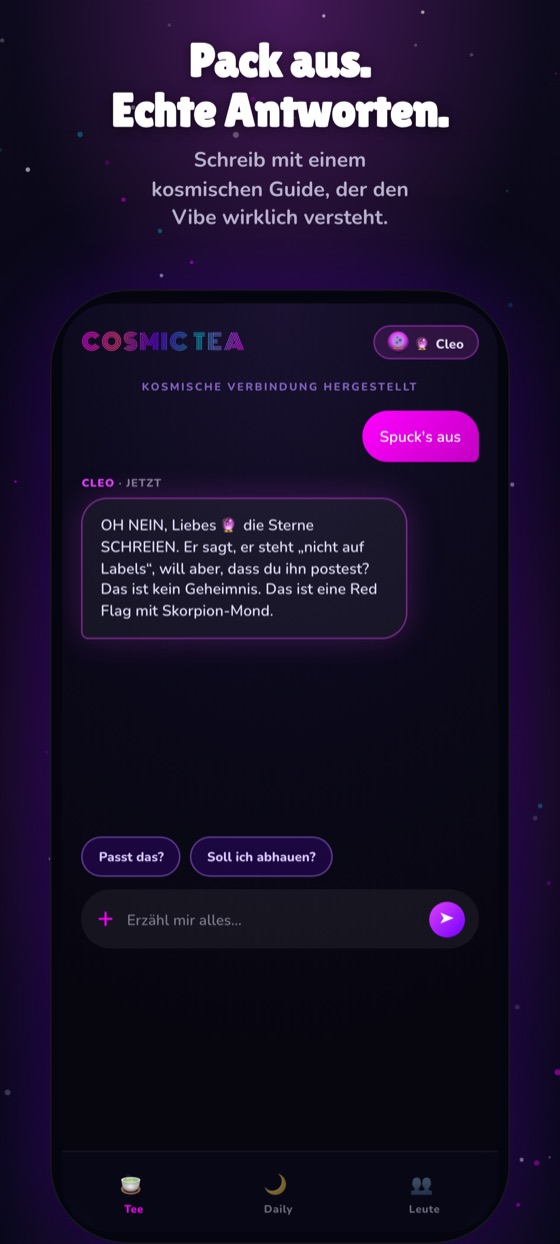 Ein Cosmic-Tea-Chat: eine Guide, die eine Beziehung in Klartext liest.