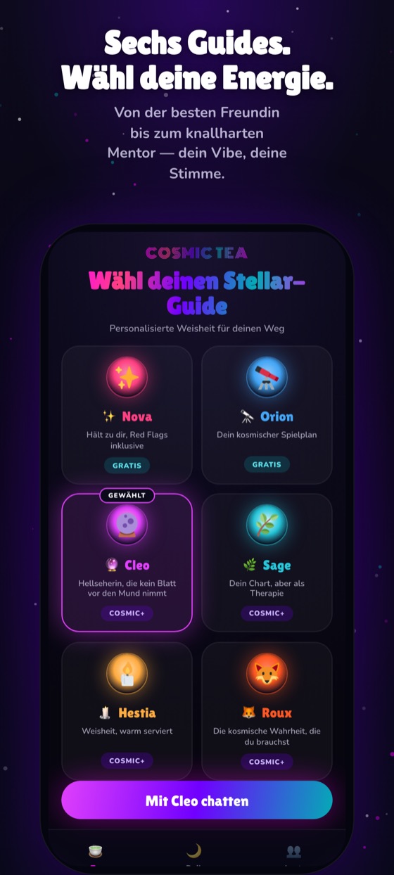 Die Guide-Auswahl: jede mit Namen, Stil und eigenem Satz.