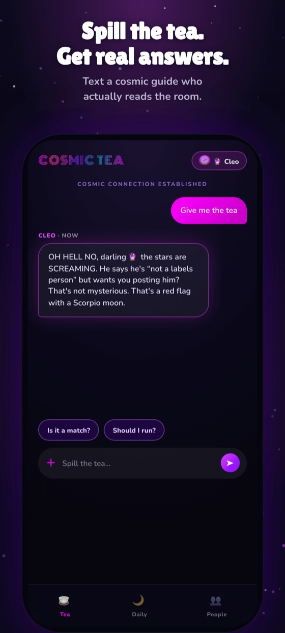 A Cosmic Tea chat: a guide reading a relationship in plain language.