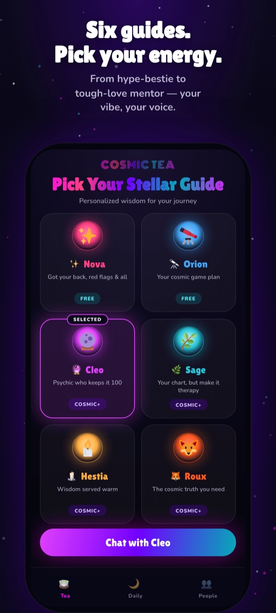 The guide picker: each guide with their own name, look and tagline.