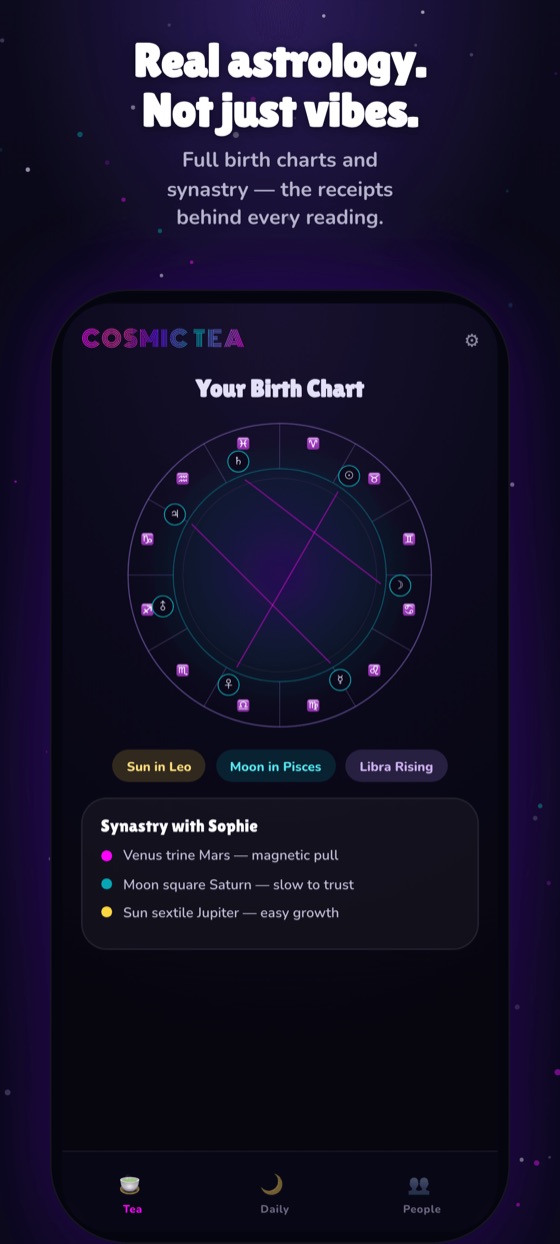 A real birth chart wheel computed from an ephemeris, with planets and houses.