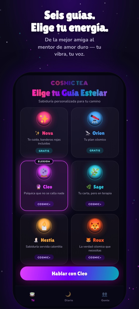 El selector de guías: cada una con su nombre, su estilo y su frase.