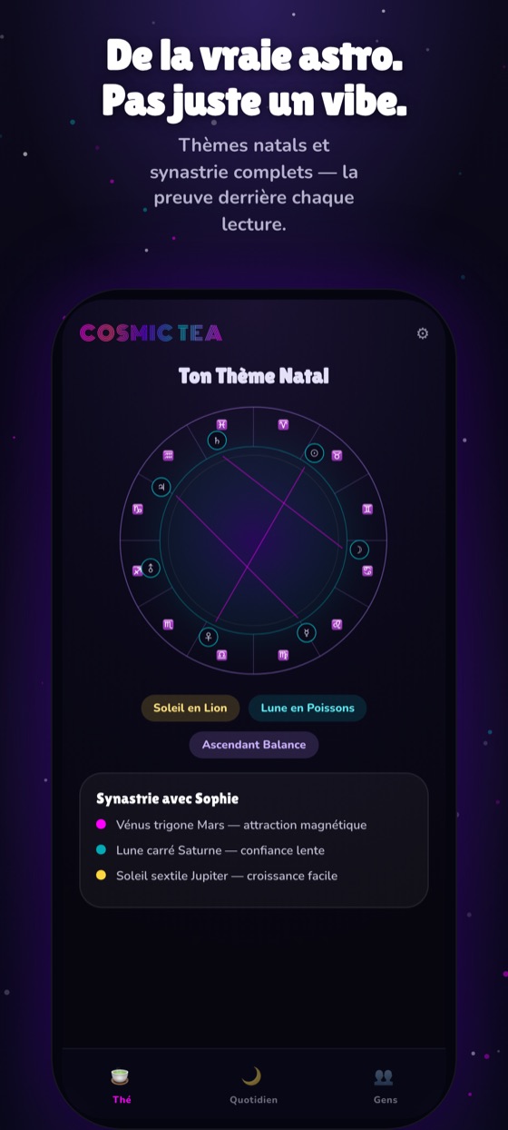 Un vrai thème natal calculé à partir d'une éphéméride, avec planètes et maisons.