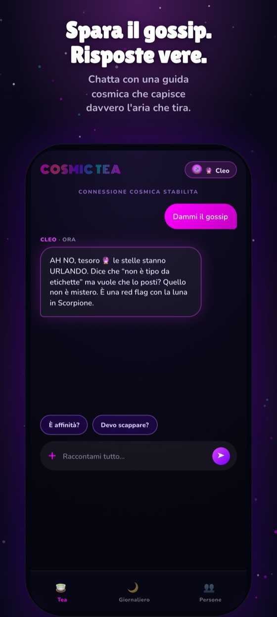 Una chat di Cosmic Tea: una guida che legge una relazione in parole chiare.