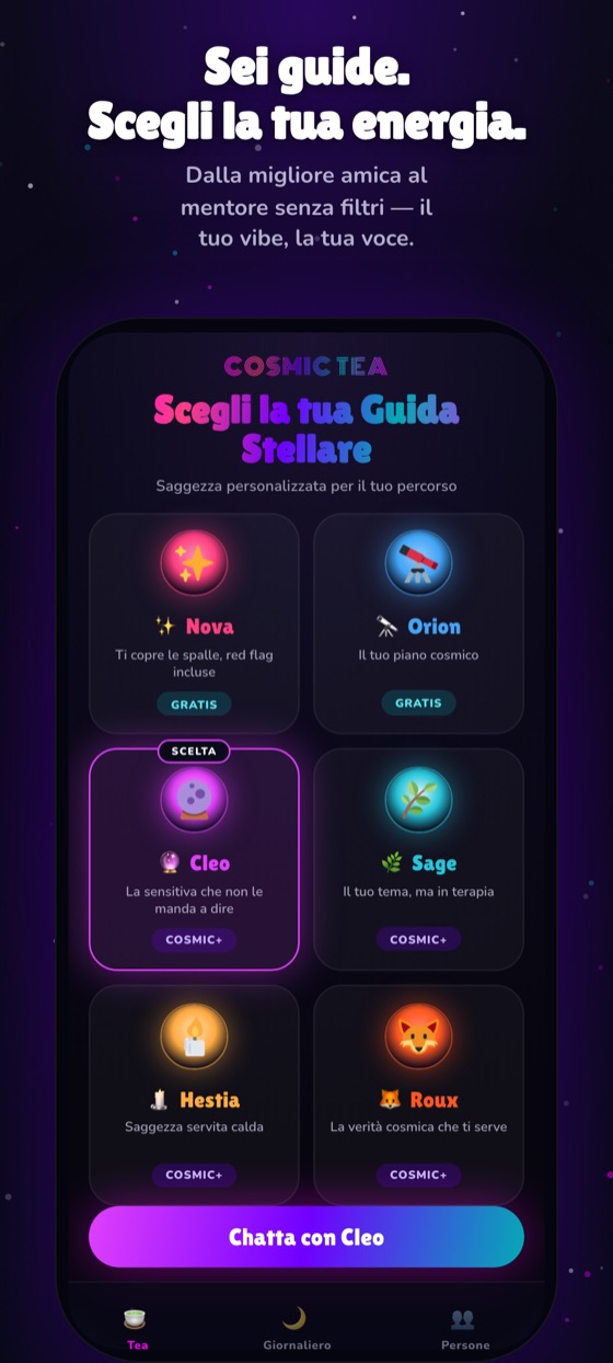 Il selettore delle guide: ognuna con nome, stile e frase.