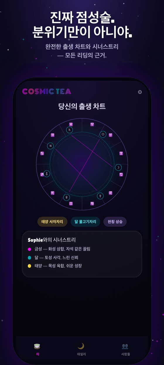 천체력으로 계산한 실제 출생 차트. 행성과 하우스가 표시되어 있다.