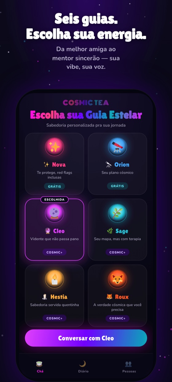 O seletor de guias: cada uma com nome, visual e frase própria.