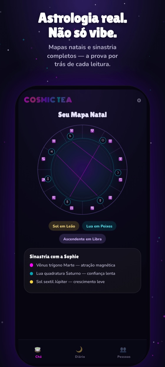 Um mapa astral real calculado com efeméride, com planetas e casas.